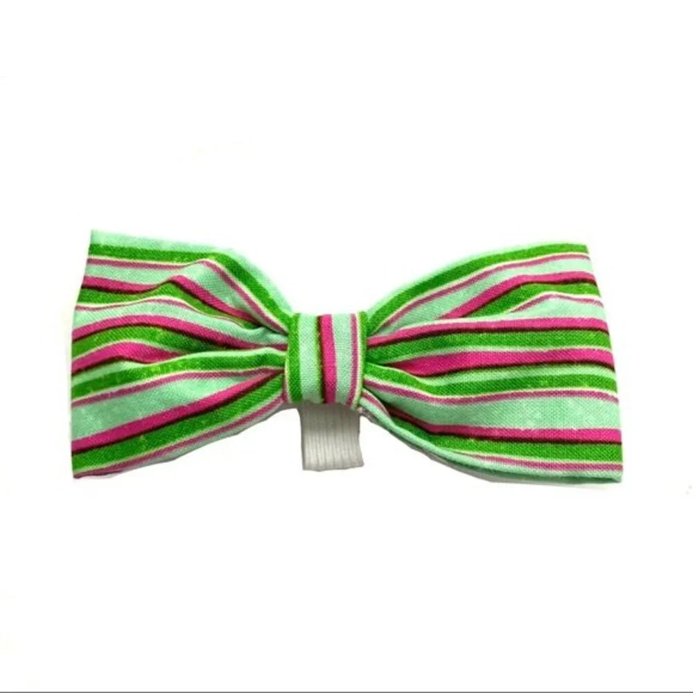 Handmade 1 Dog Bow for Collar Green & Pink Stripe Pattern 4 x 2 inches